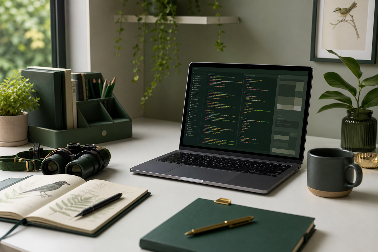 A modern web development workspace with a laptop, notebook, plants and birdwatching details.